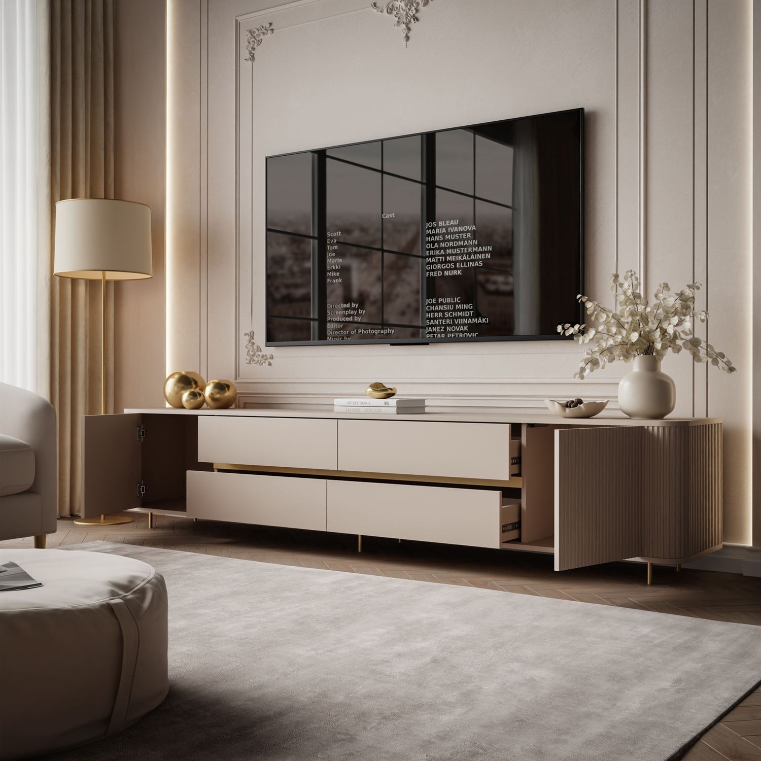 Szafka RTV MIRAGE 240 cm ze złotymi dodatkami