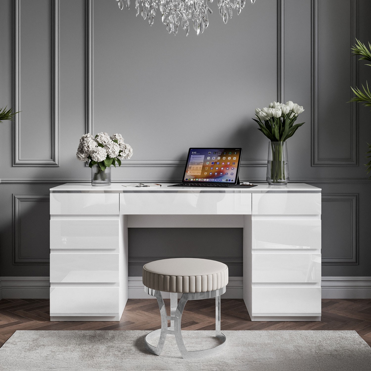 Biurko AURORA DOUBLE SILVER z szufladami