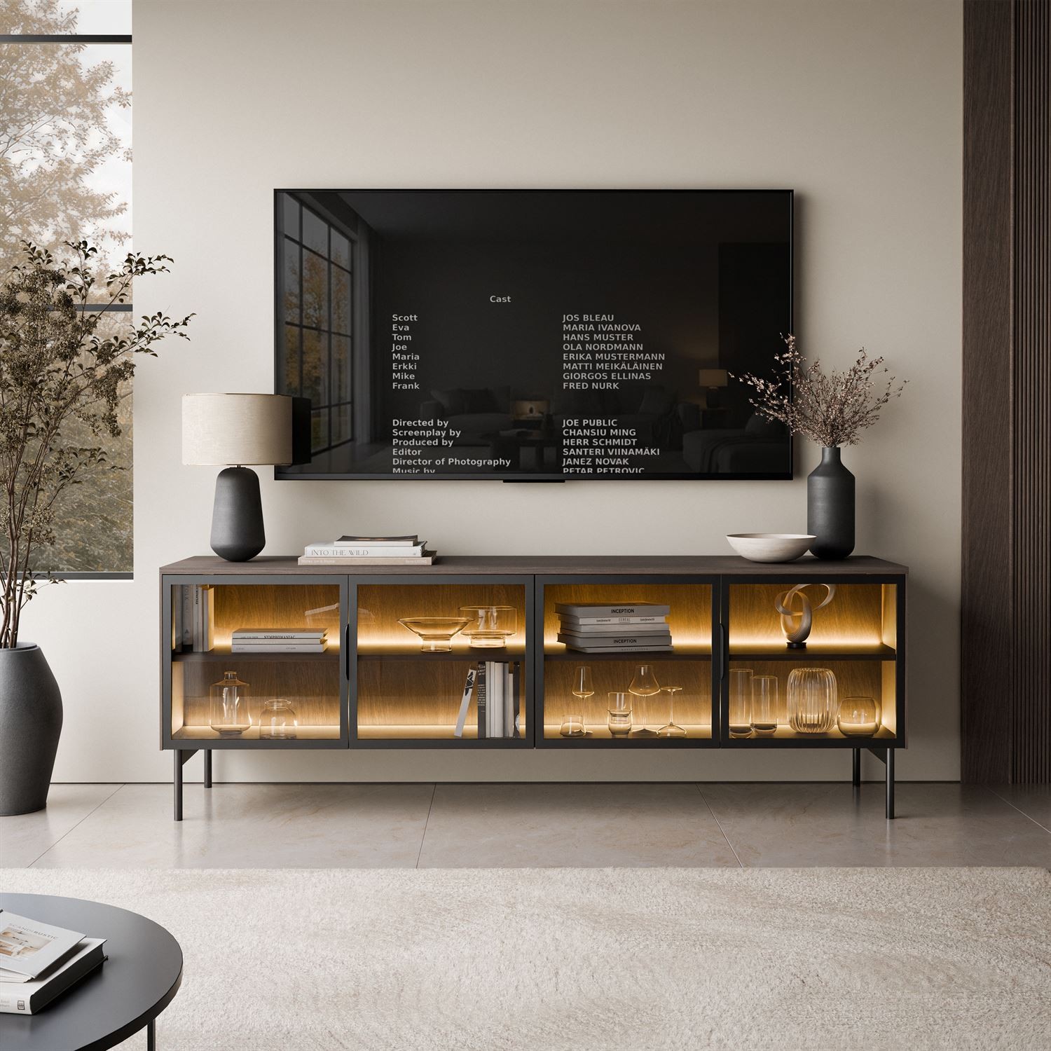 Przeszklona szafka RTV LINEA LOFT z oświetleniem LED