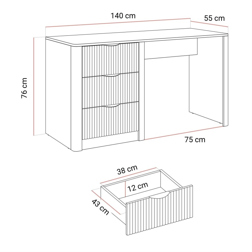 Biurko SCARLETT z ryflowanymi szufladami