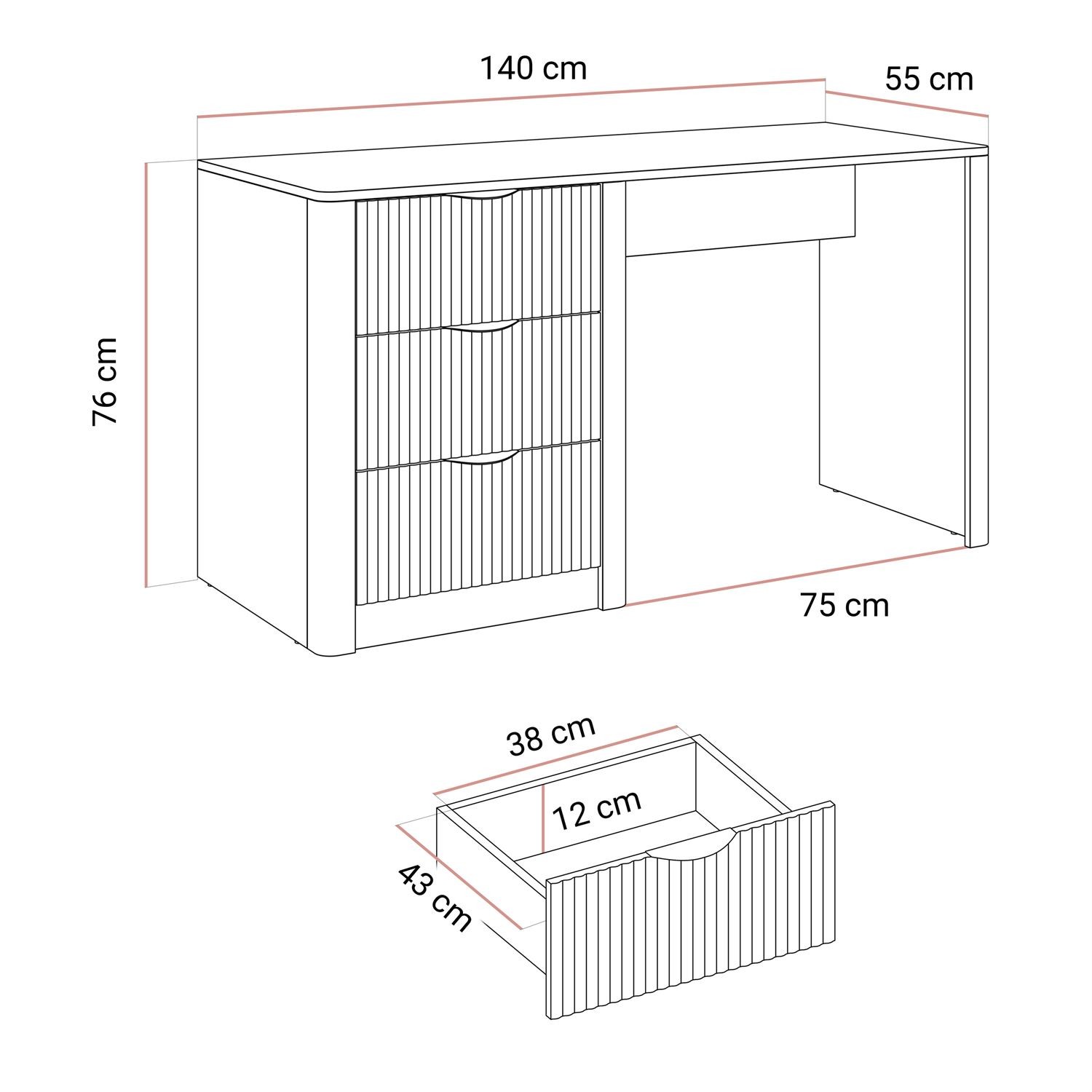 Biurko SCARLETT z ryflowanymi szufladami