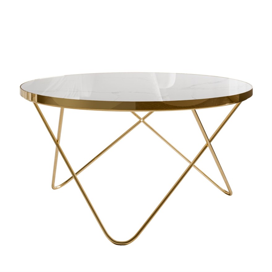 Stolik kawowy NORIEL ze złotą podstawą i marmurowym blatem