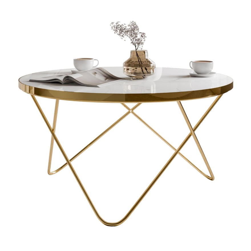 Stolik kawowy NORIEL ze złotą podstawą i marmurowym blatem