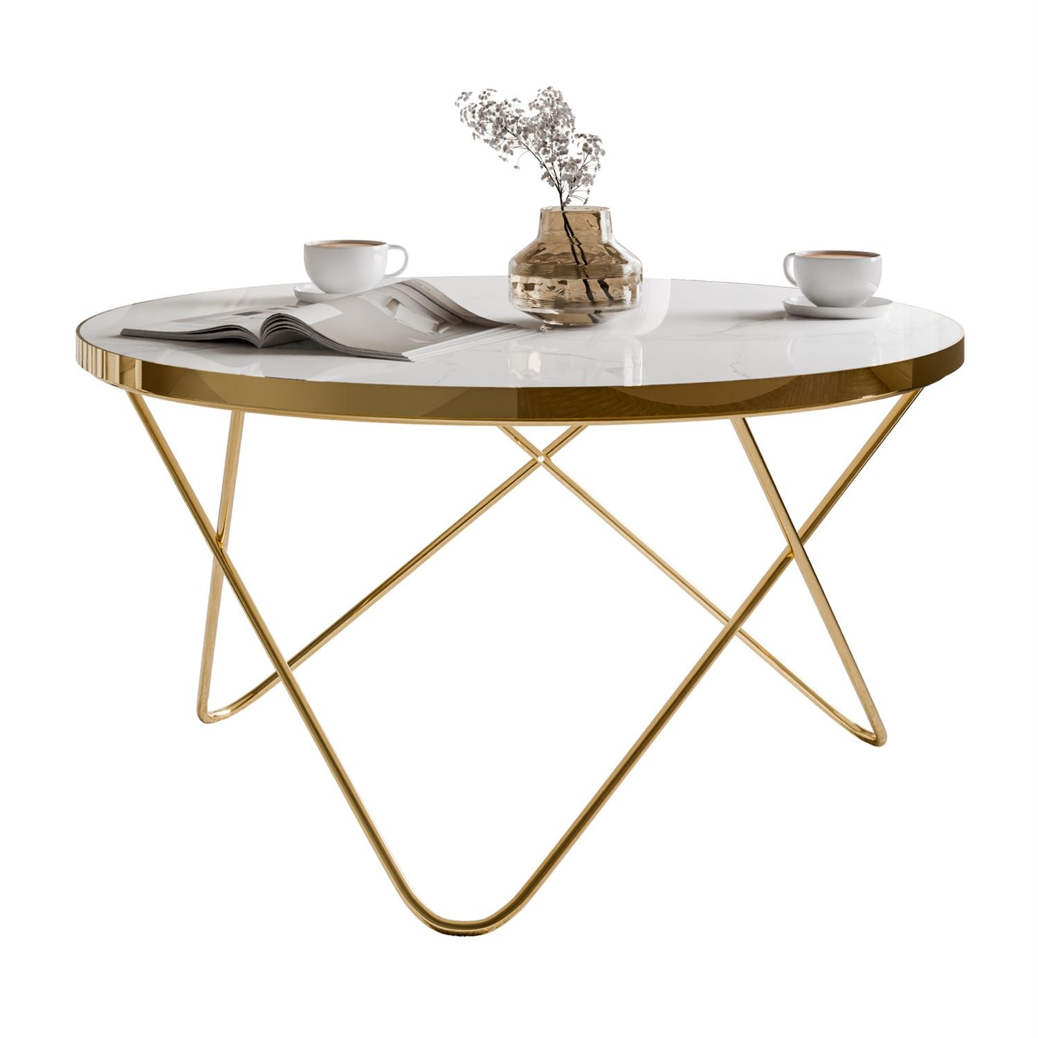 Stolik kawowy NORIEL ze złotą podstawą i marmurowym blatem