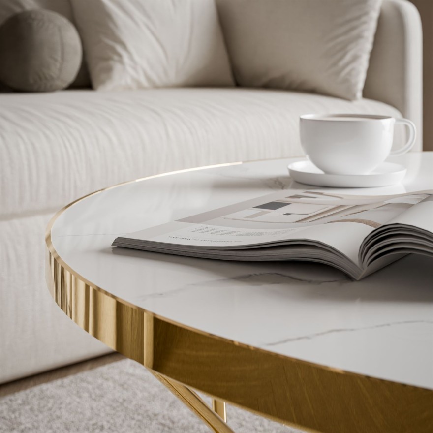 Stolik kawowy NORIEL ze złotą podstawą i marmurowym blatem