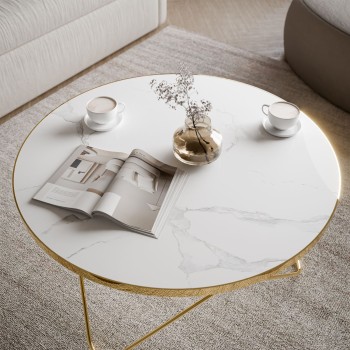 Stolik kawowy NORIEL ze złotą podstawą i marmurowym blatem