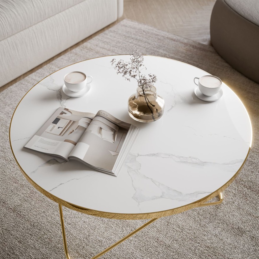 Stolik kawowy NORIEL ze złotą podstawą i marmurowym blatem