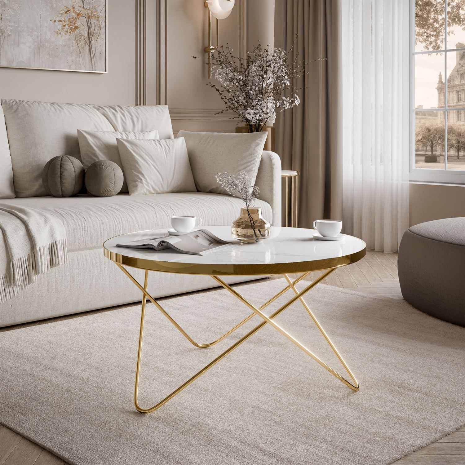 Stolik kawowy NORIEL ze złotą podstawą i marmurowym blatem