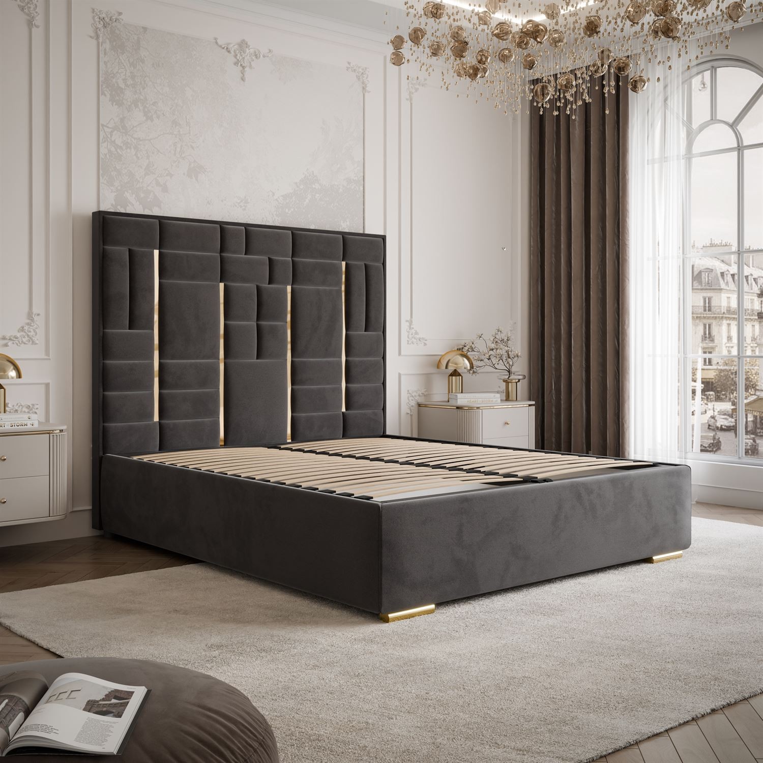 Łóżko tapicerowane BRIGITTE GOLD z pojemnikiem na pościel