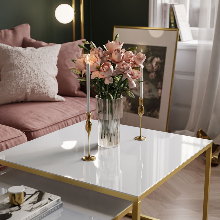 Ława 2w1 YOSHI GLASS ze szklanym blatem złoty mat