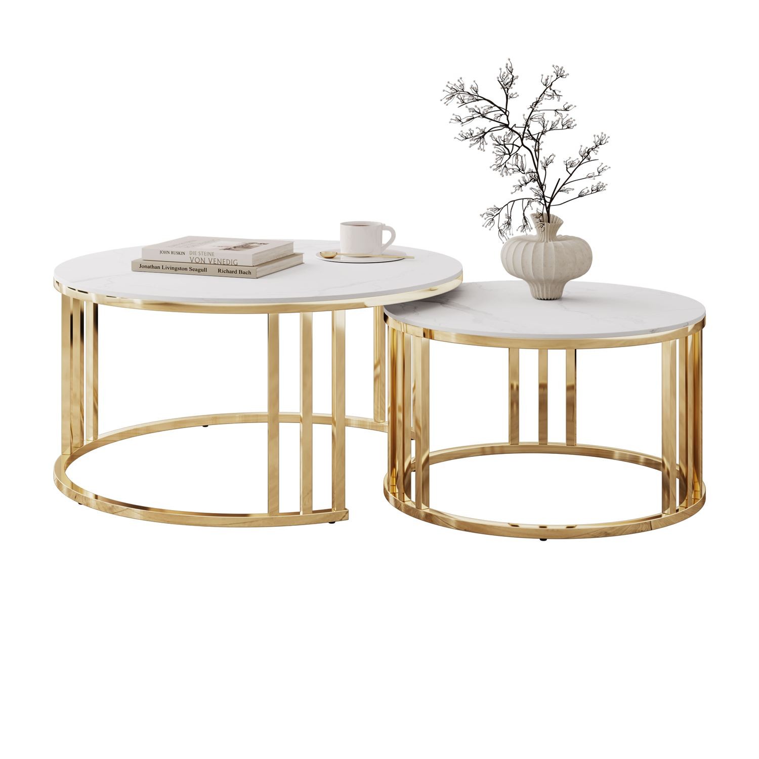 Stolik kawowy LIRA 2w1 ze złotą podstawą i marmurowym blatem