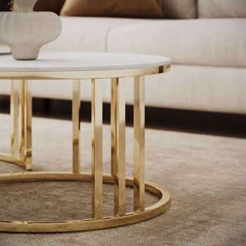 Stolik kawowy LIRA 2w1 ze złotą podstawą i marmurowym blatem