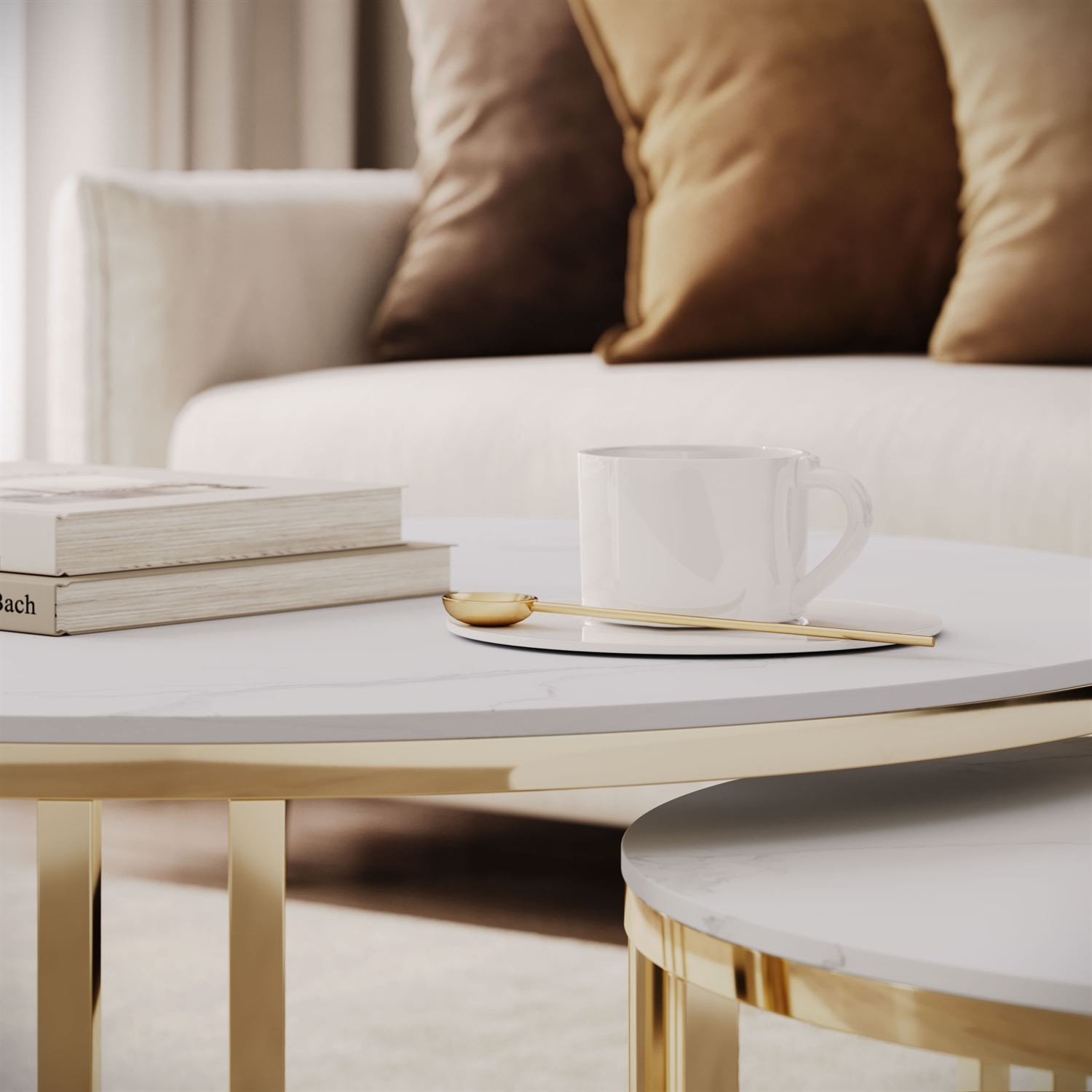 Stolik kawowy LIRA 2w1 ze złotą podstawą i marmurowym blatem