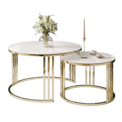 Okrągły stolik kawowy 2w1 LORI GLASS złoty chrom