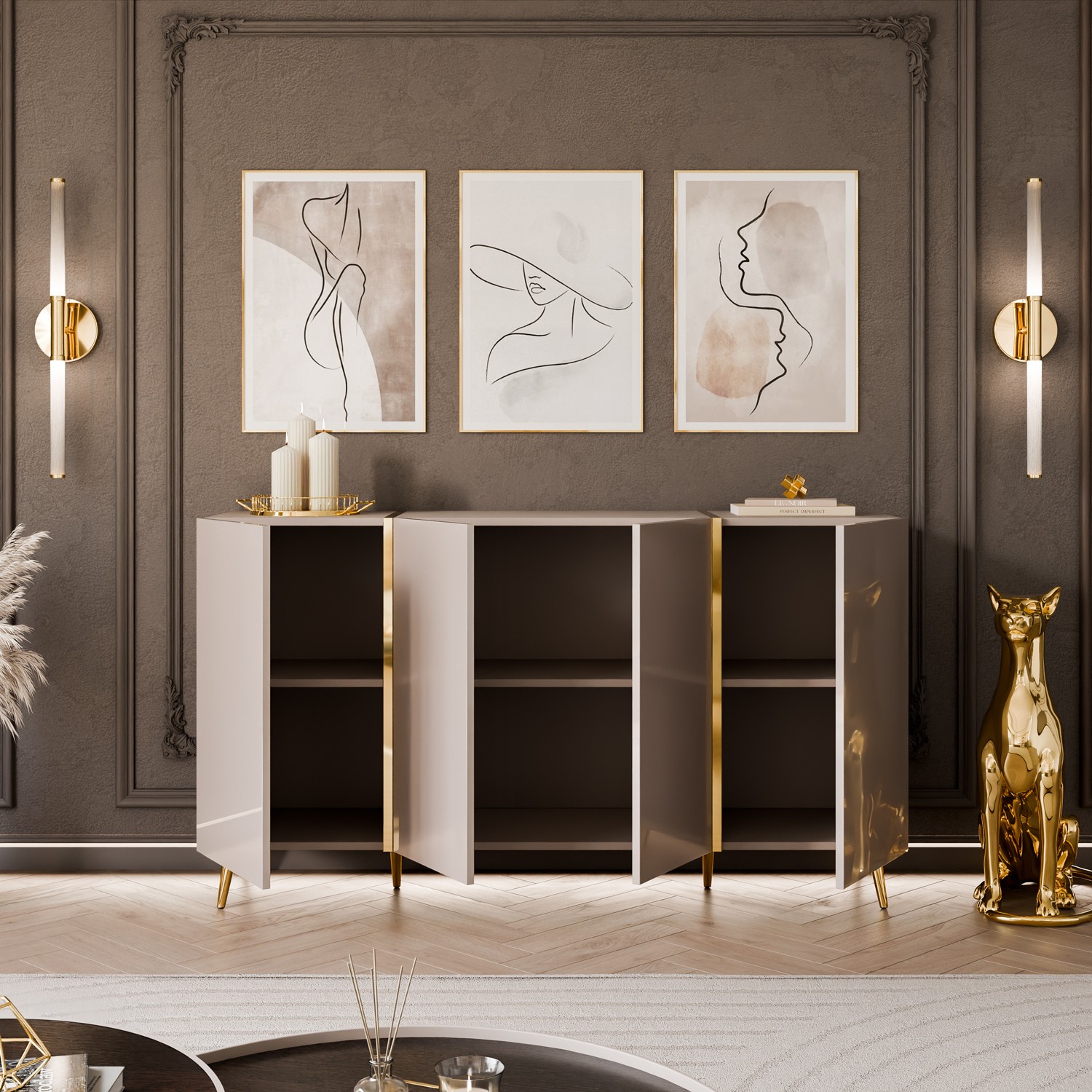 Komoda ONYX 4D Kaszmir na złotych nóżkach wysoki połysk 158 cm