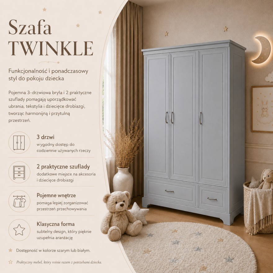 Trzydrzwiowa szafa TWINKLE do pokoju dziecięcego