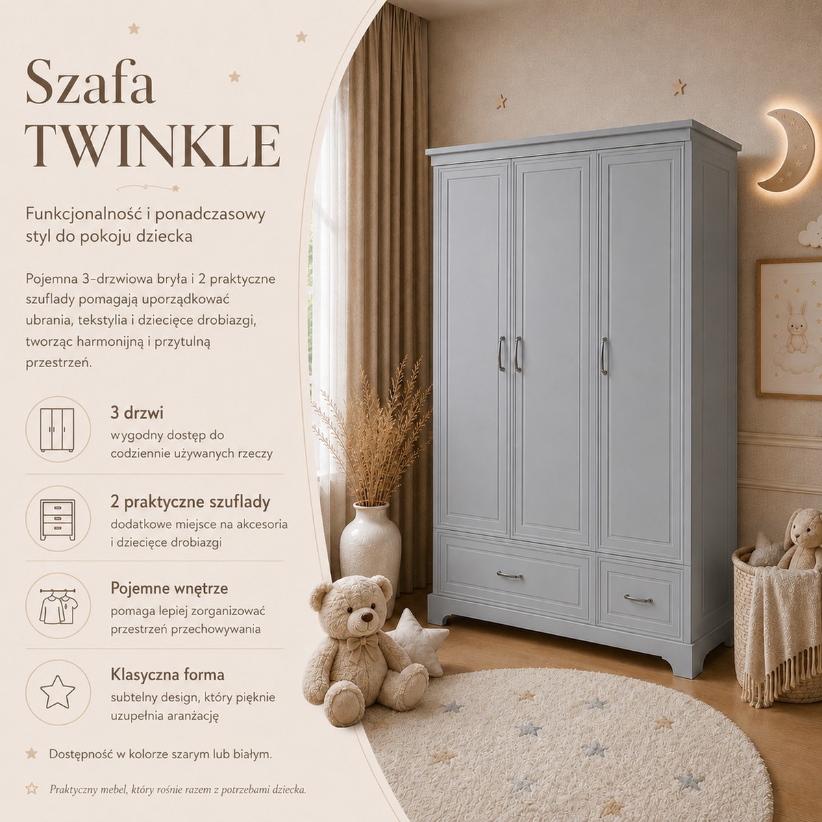Trzydrzwiowa szafa TWINKLE do pokoju dziecięcego