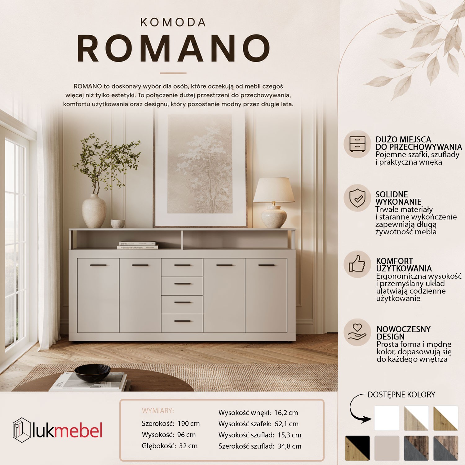 Pojemna komoda ROMANO z szufladami