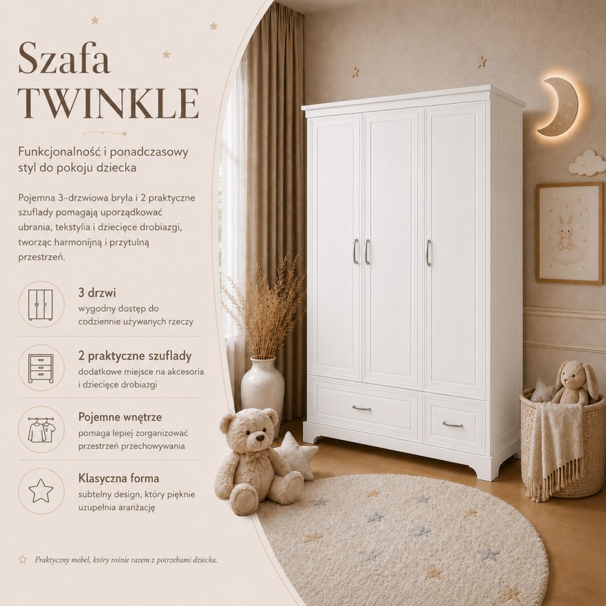Trzydrzwiowa szafa TWINKLE do pokoju dziecięcego