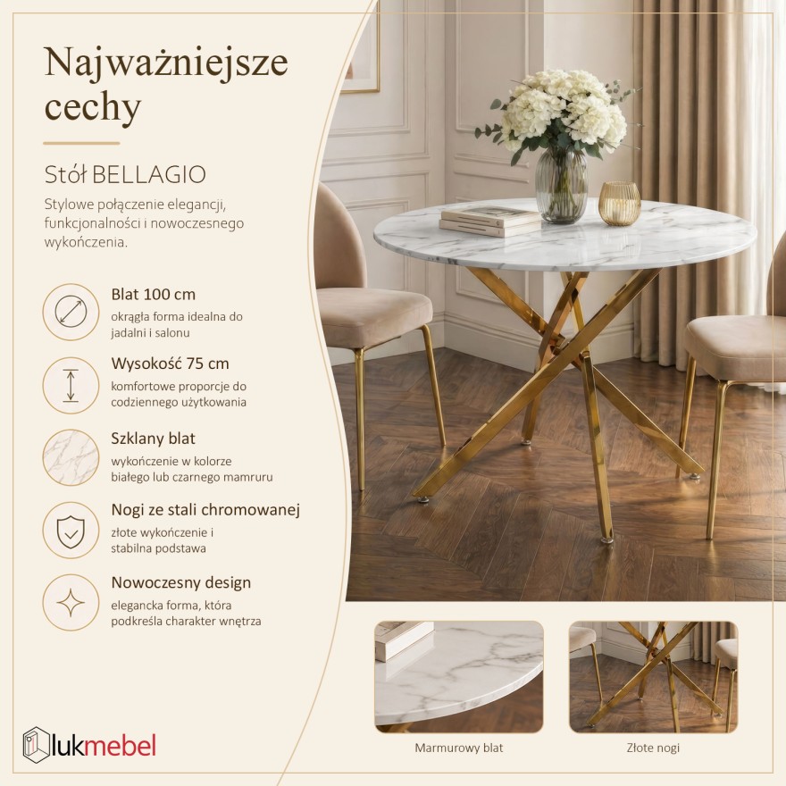 Stół do jadalni BELLAGIO na złotej podstawie