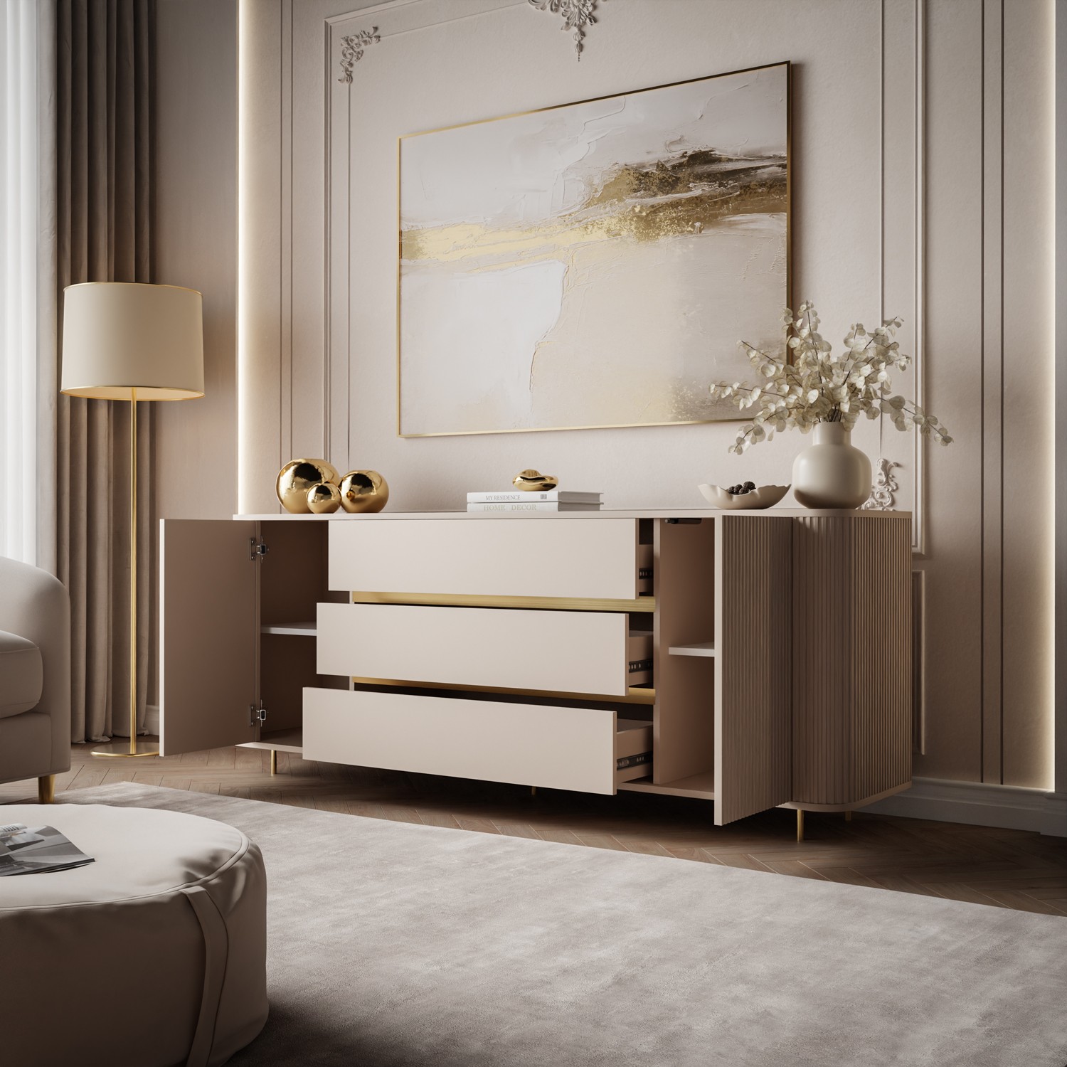 Komoda MIRAGE GOLD 2D3S z ryflowanymi bokami i złotymi detalami