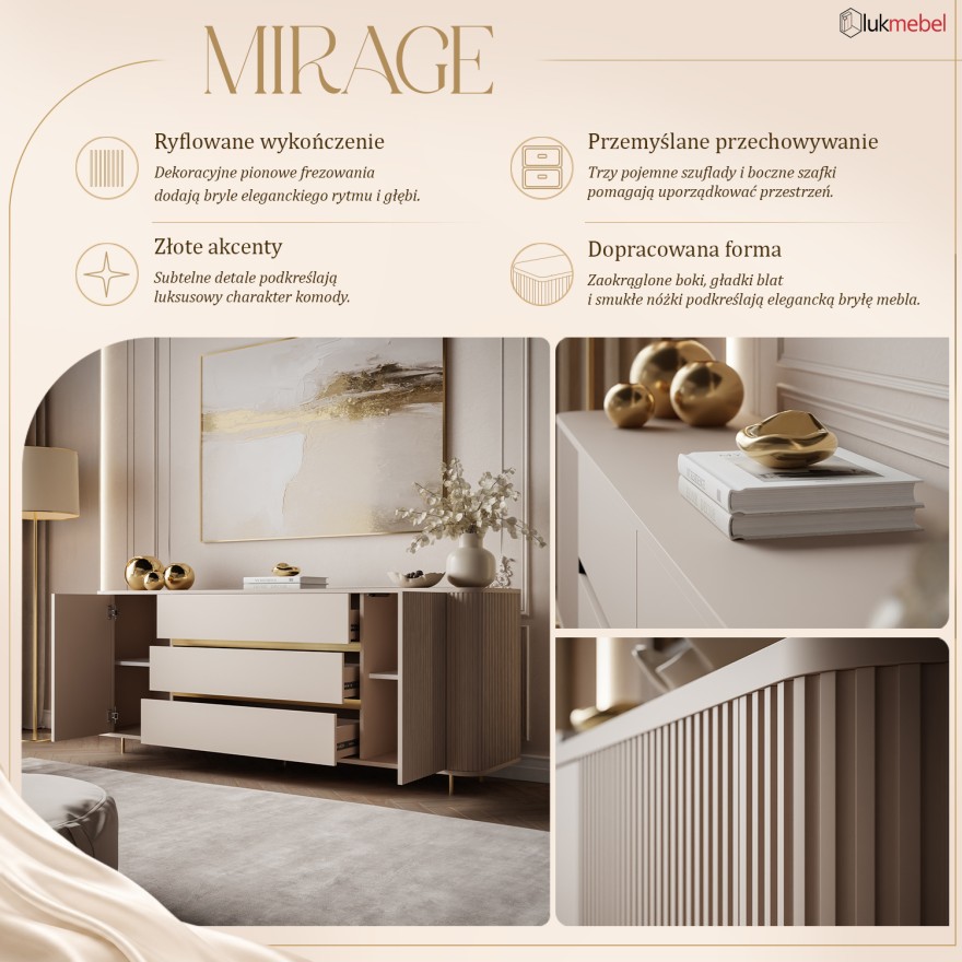 Komoda MIRAGE GOLD 2D3S z ryflowanymi bokami i złotymi detalami
