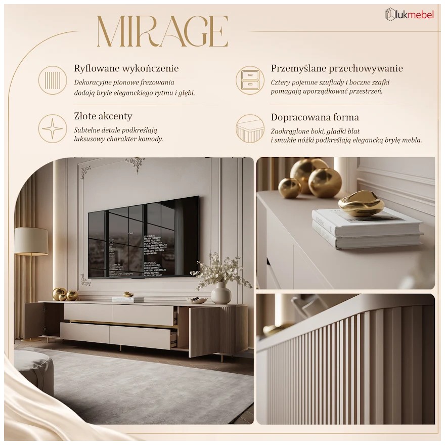 Szafka RTV MIRAGE GOLD 240 cm z ryflowanymi frontami