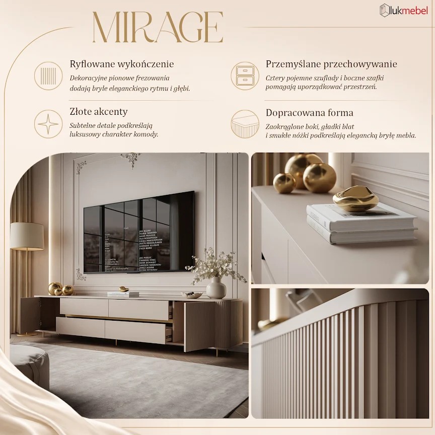 Szafka RTV MIRAGE GOLD 240 cm z ryflowanymi frontami