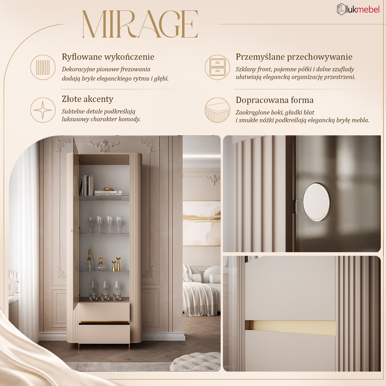 Witryna MIRAGE GOLD z oświetleniem LED i ryflowanymi bokami