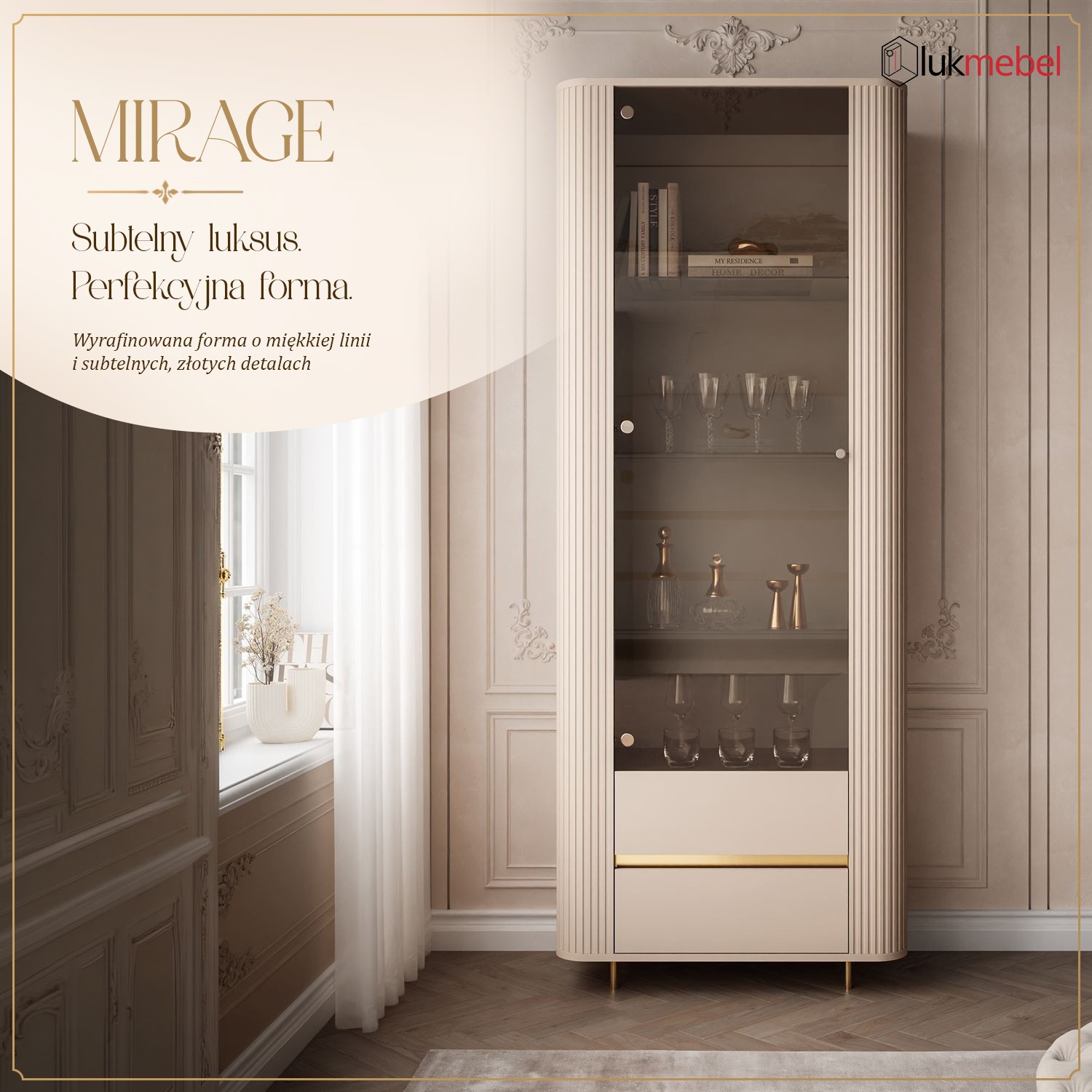 Witryna MIRAGE GOLD z oświetleniem LED i ryflowanymi bokami