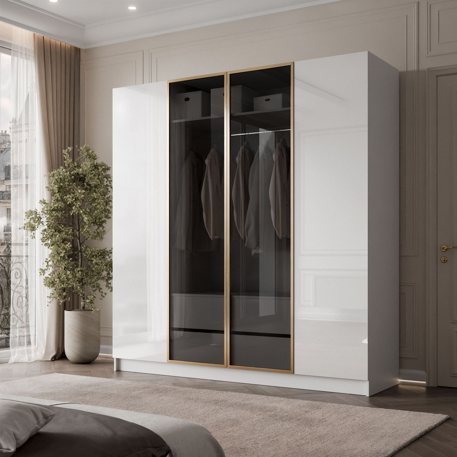 Czterodrzwiowa szafa ATRIUM GLOSS ze szklanym frontem