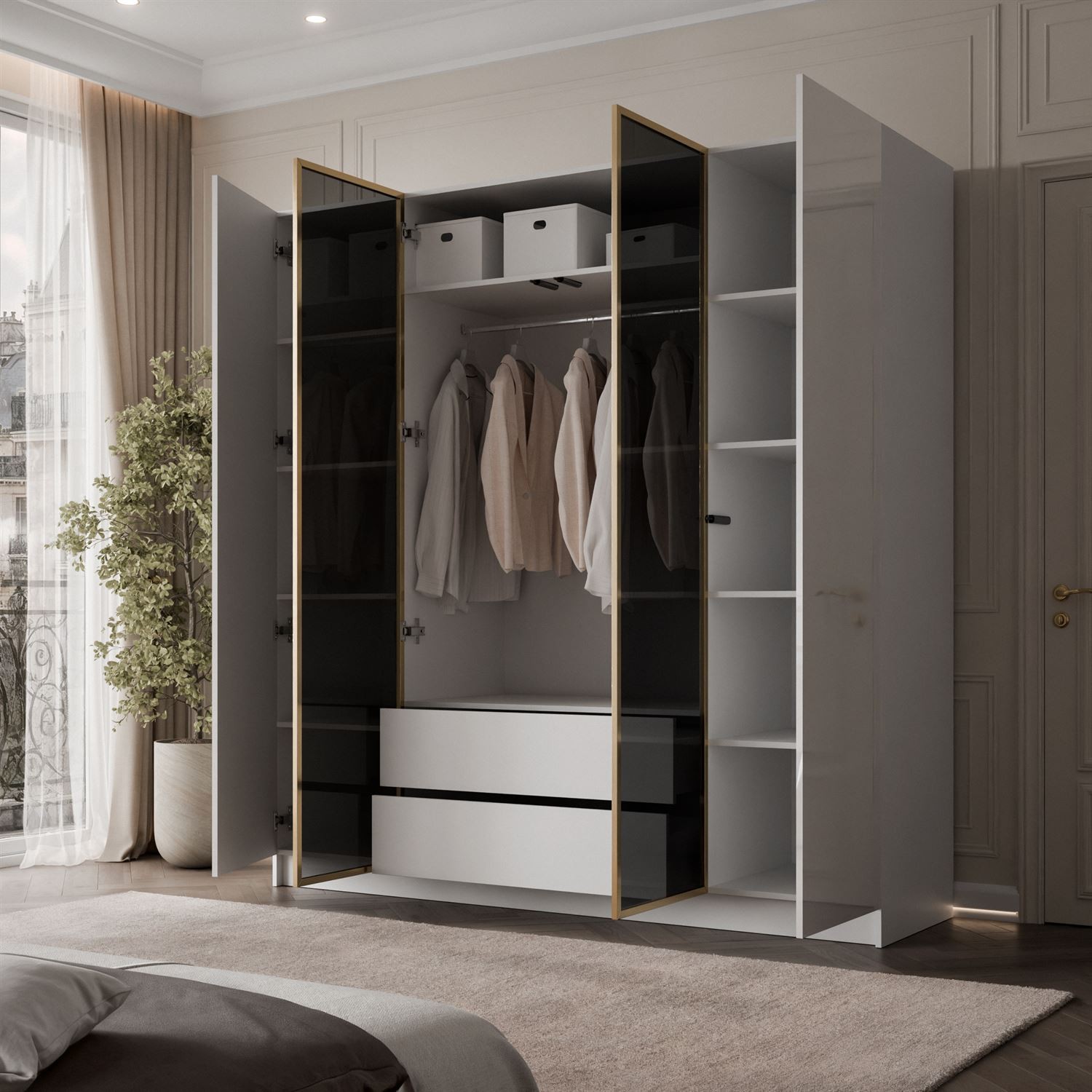 Czterodrzwiowa szafa ATRIUM GLOSS ze szklanym frontem