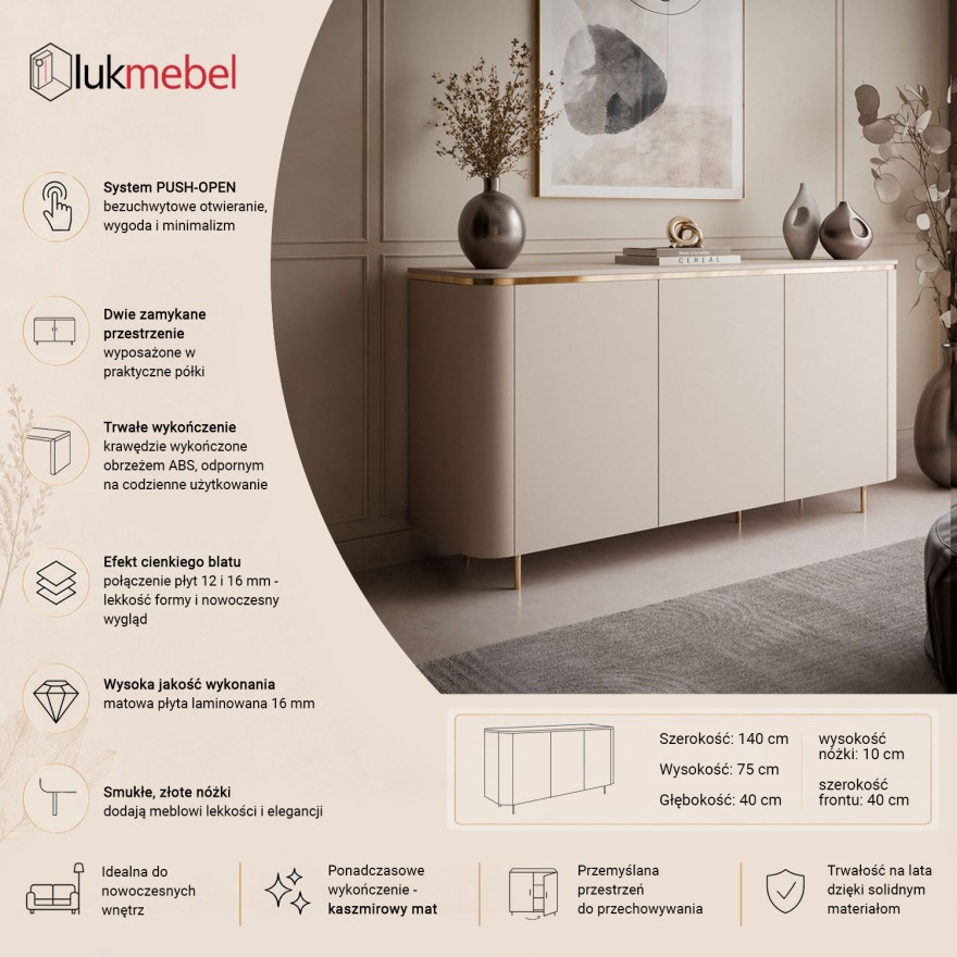 Komoda AVELINE 140 cm z oświetleniem LED na prostych nóżkach