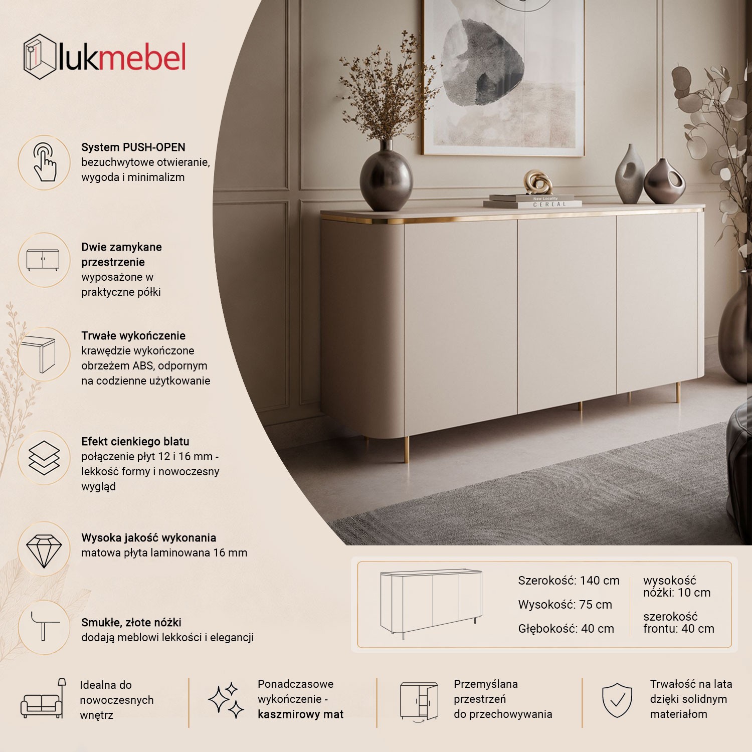 Komoda AVELINE 140 cm z oświetleniem LED na prostych nóżkach