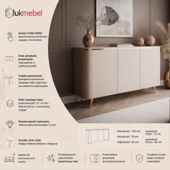 Komoda AVELINE 140 cm z oświetleniem LED na skośnych nóżkach