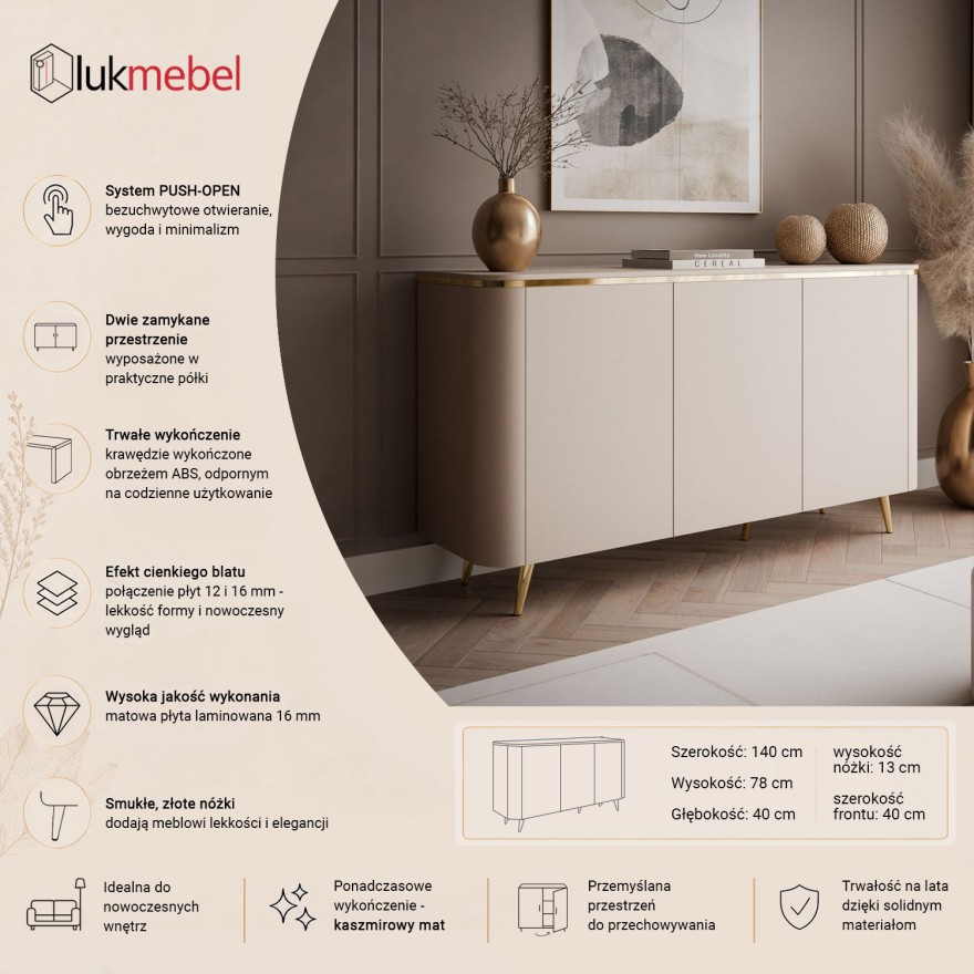 Komoda AVELINE 140 cm z oświetleniem LED na skośnych nóżkach
