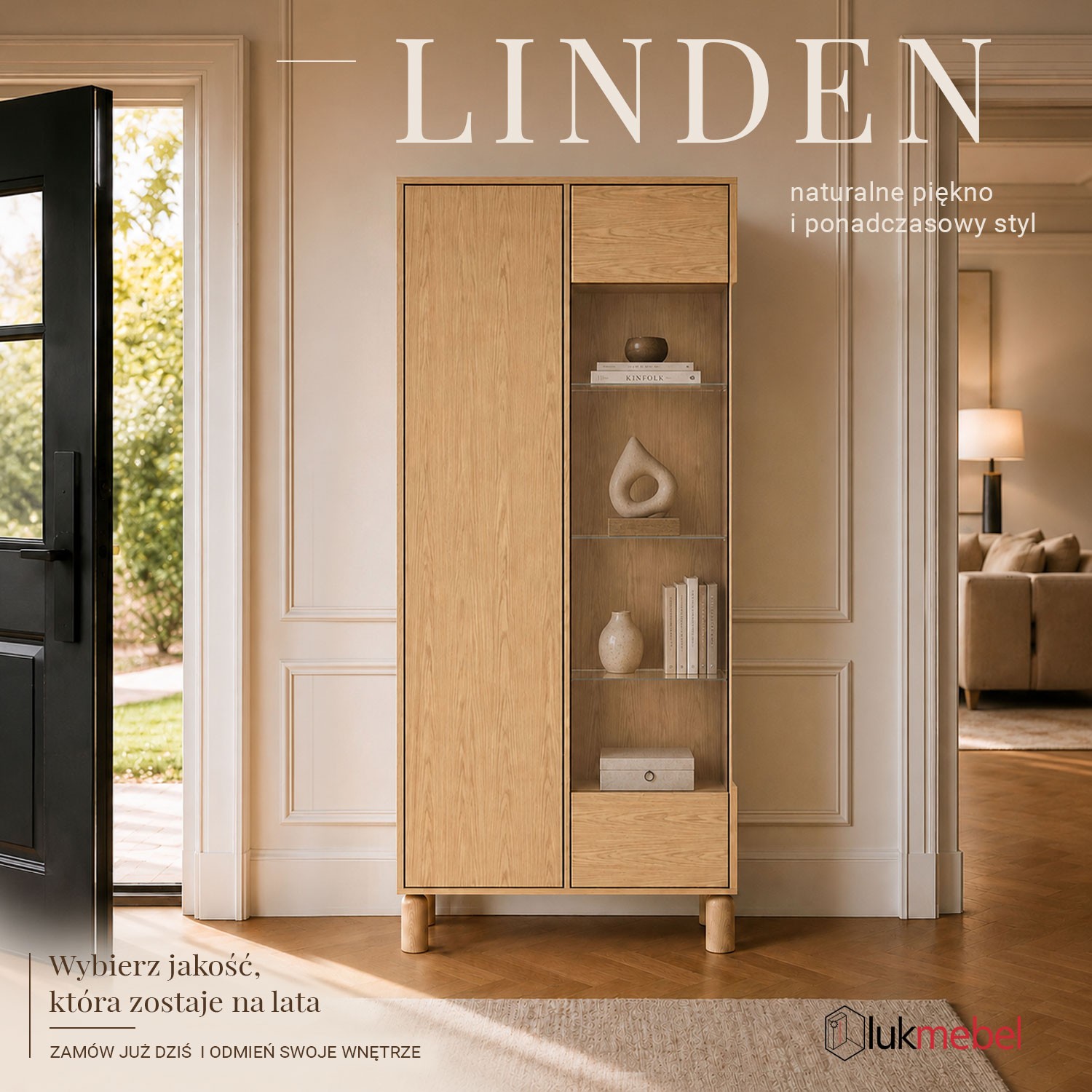 Witryna LINDEN z przeszklonym frontem i oświetleniem LED
