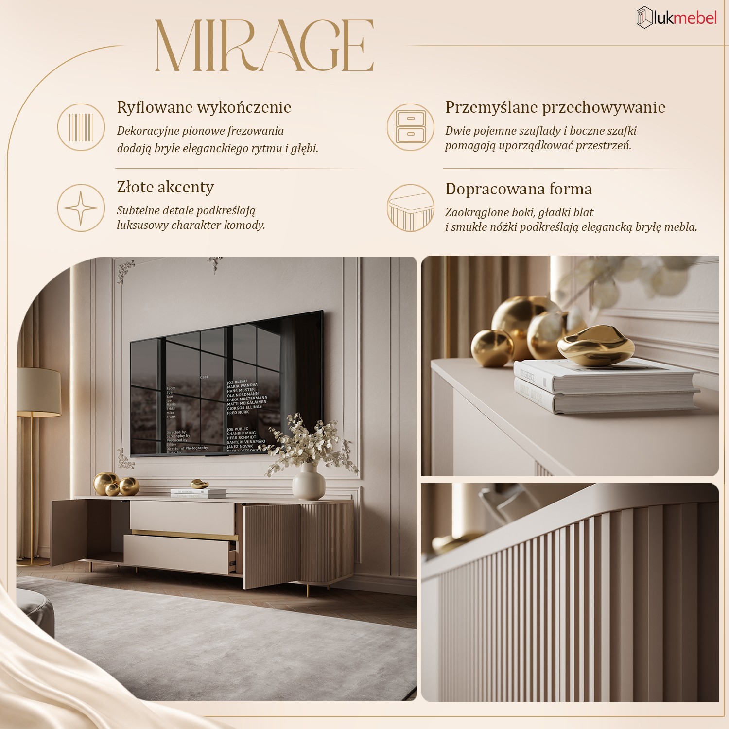 Szafka RTV MIRAGE GOLD 180 cm z ryflowanymi frontami