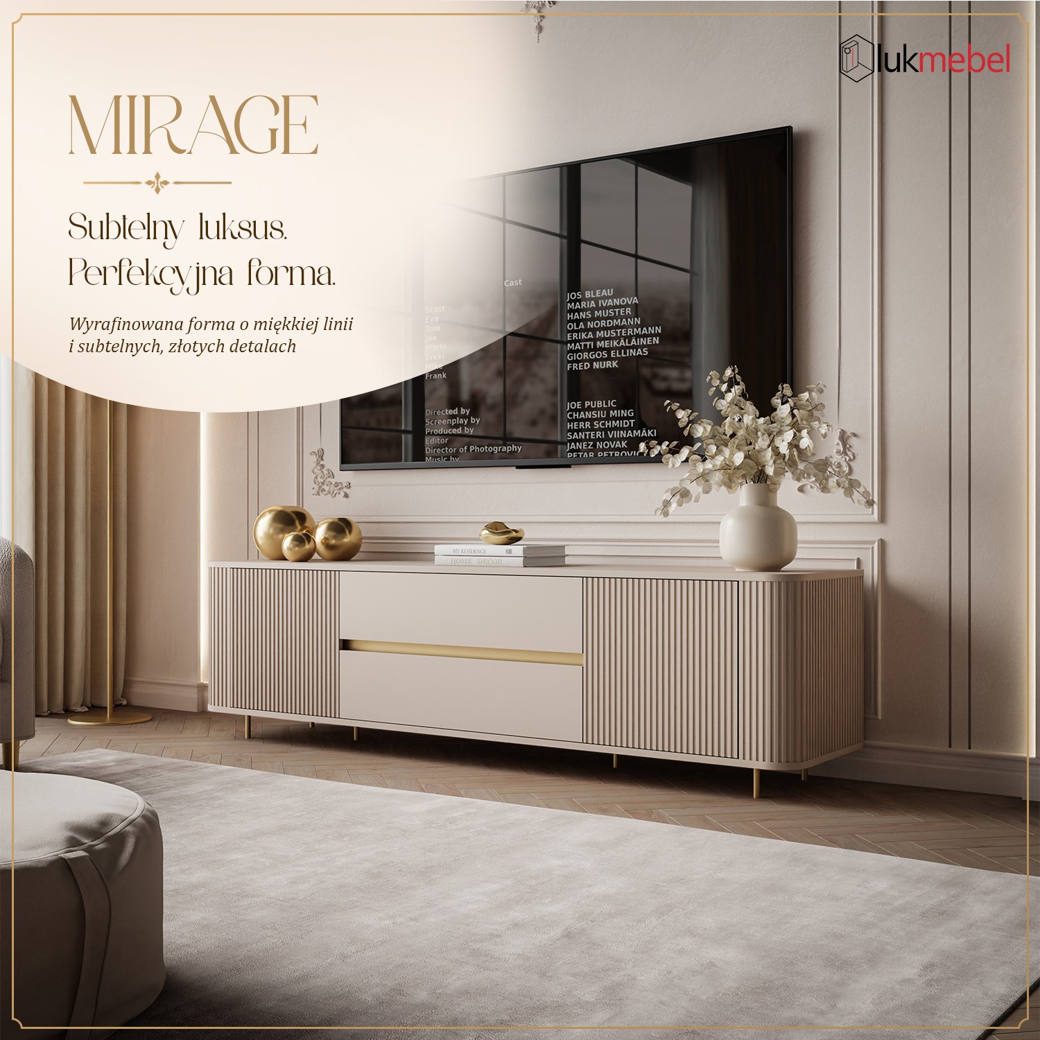 Szafka RTV MIRAGE GOLD 180 cm z ryflowanymi frontami