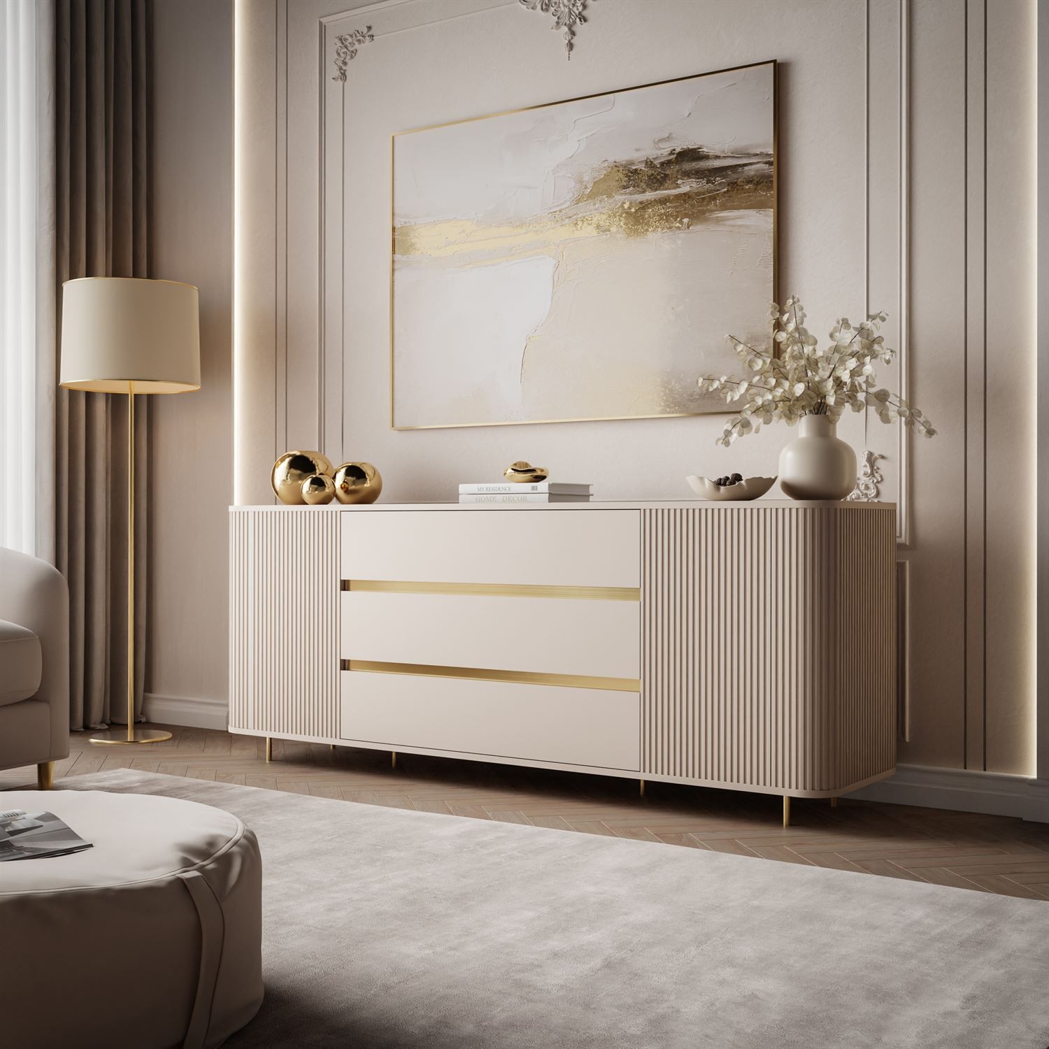 Komoda MIRAGE GOLD 2D3S z ryflowanymi bokami i złotymi detalami