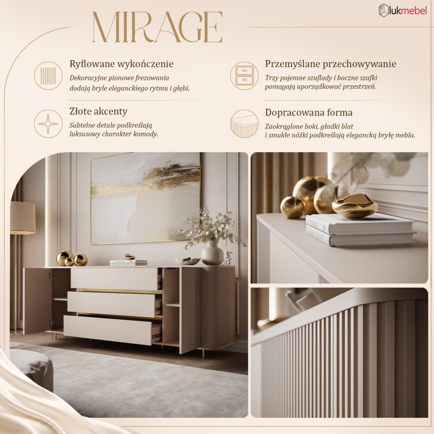 Komoda MIRAGE GOLD 2D3S z ryflowanymi bokami i złotymi detalami