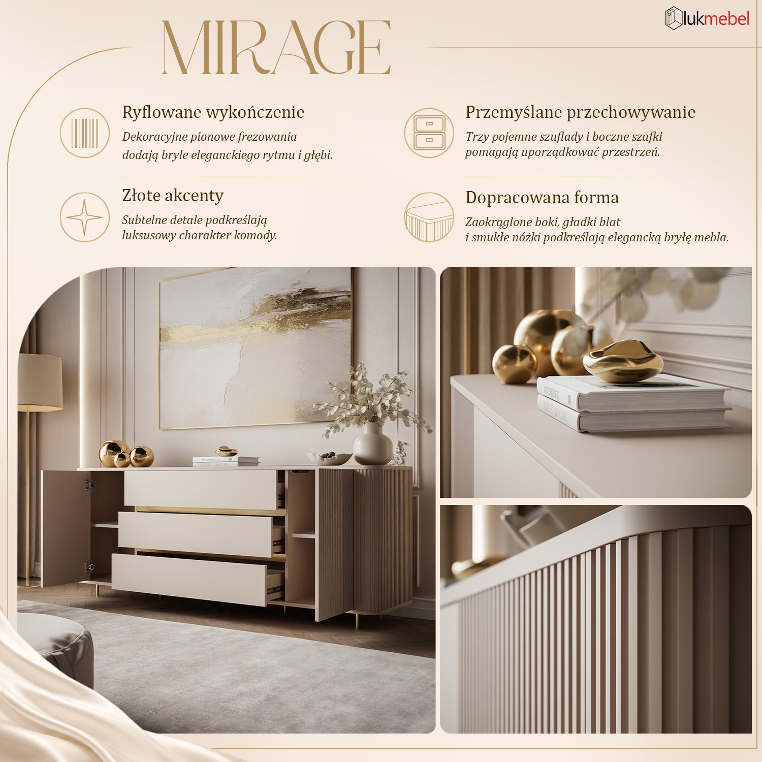 Komoda MIRAGE GOLD 2D3S z ryflowanymi bokami i złotymi detalami