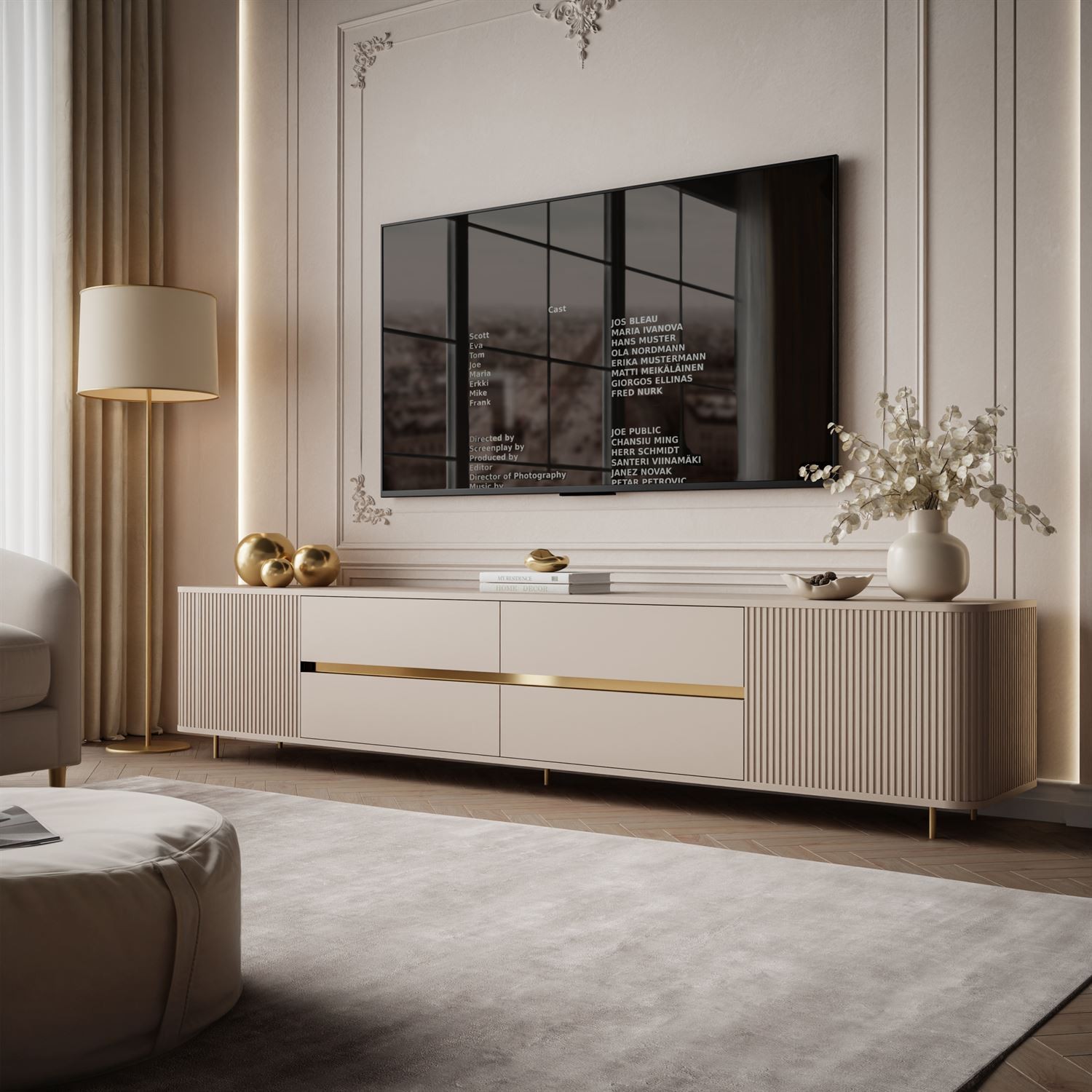 Szafka RTV MIRAGE GOLD 240 cm z ryflowanymi frontami