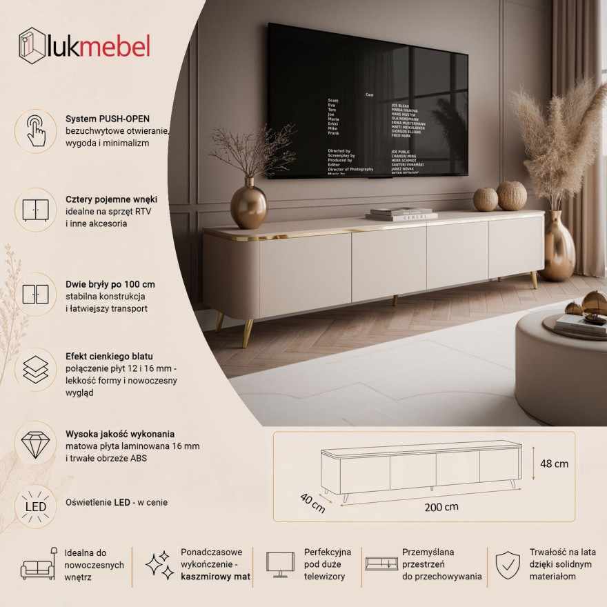 Szafka RTV AVELINE 200 cm z oświetleniem LED