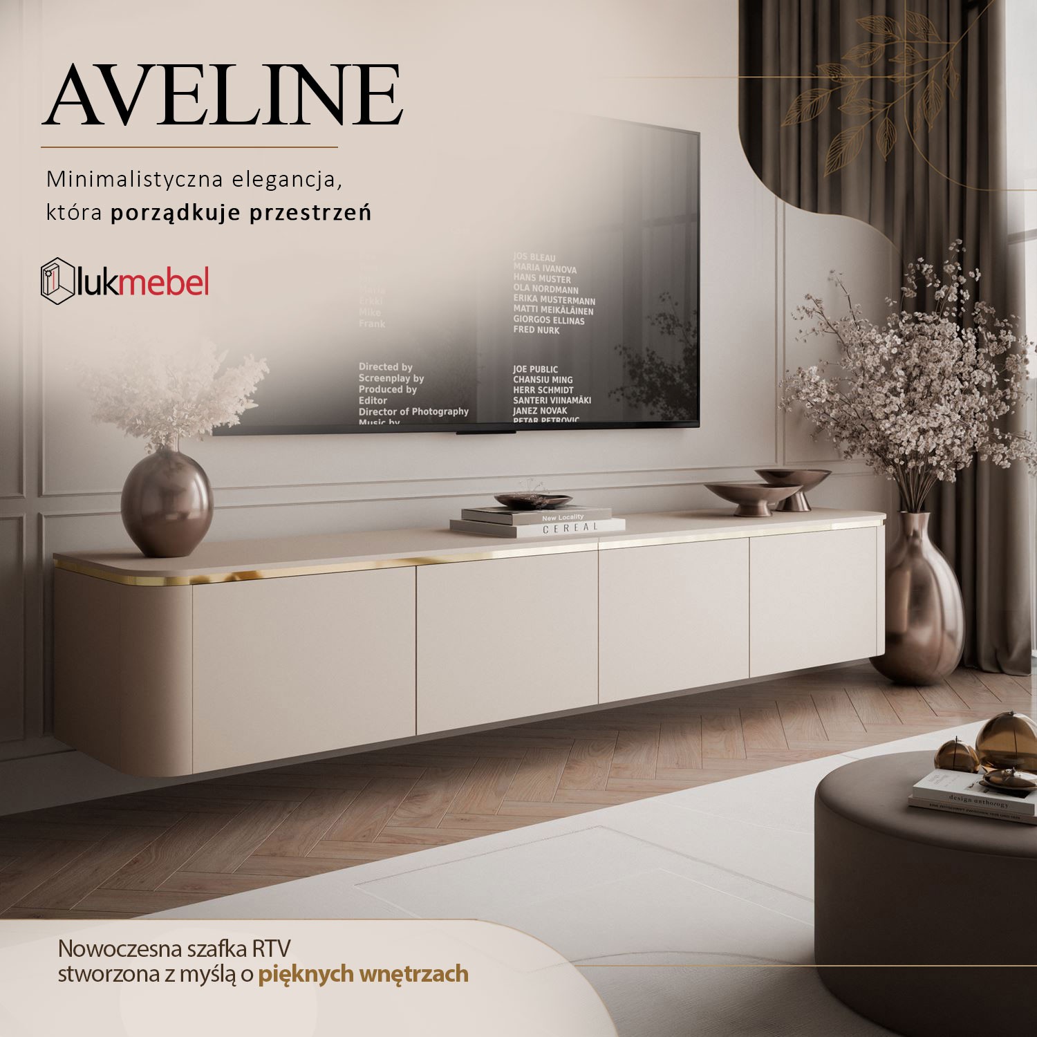 Podwieszana szafka RTV AVELINE 200 cm z oświetleniem LED