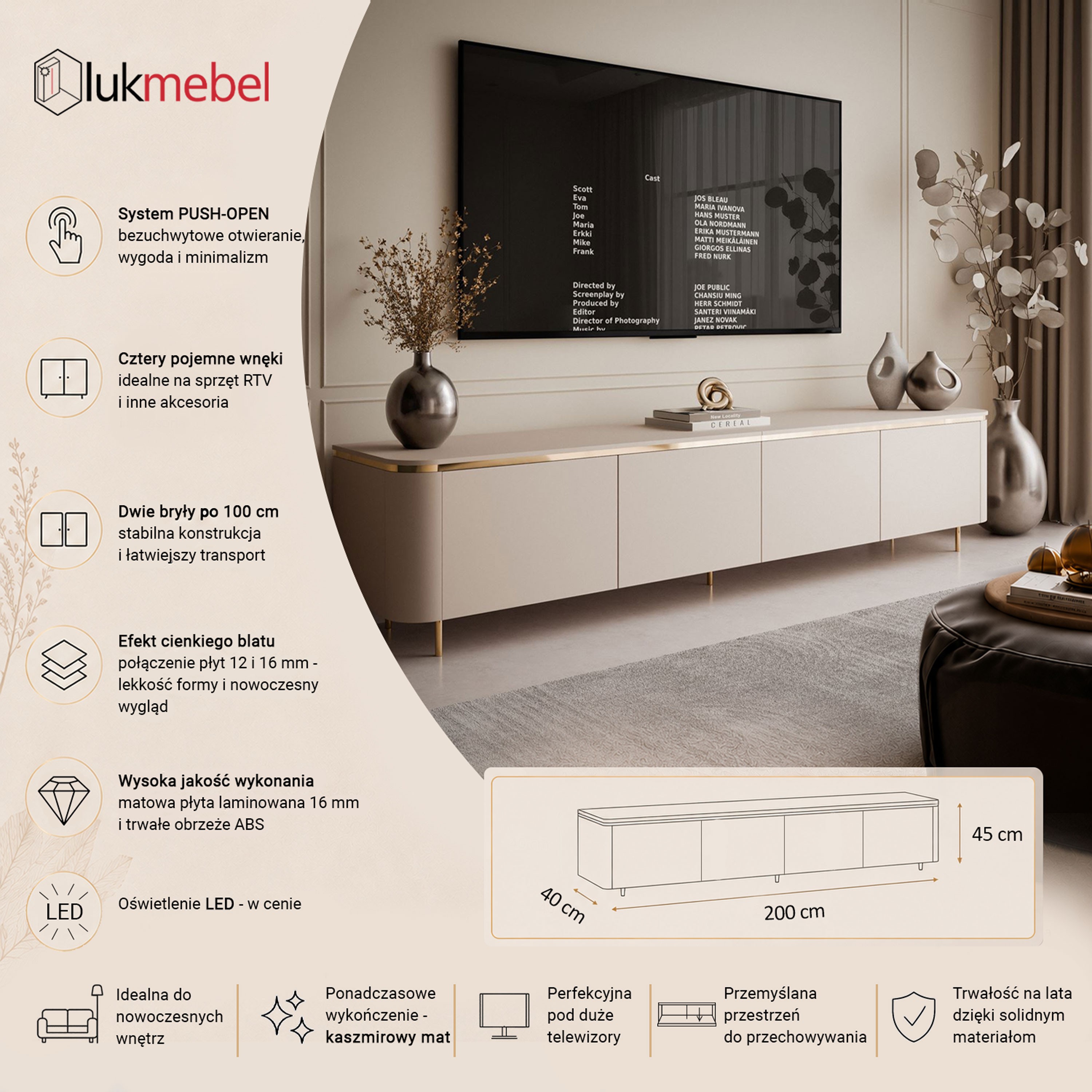 Podwieszana szafka RTV AVELINE 200 cm z oświetleniem LED