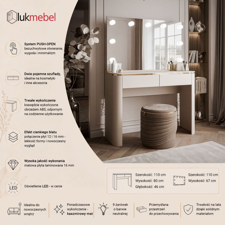 Toaletka AVELINE ELITE z lustrem i oświetleniem LED