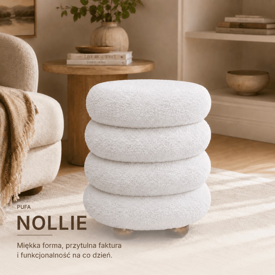 Pufa NOLLIE z tkaniny bouclé i dekoracyjną segmentową formą