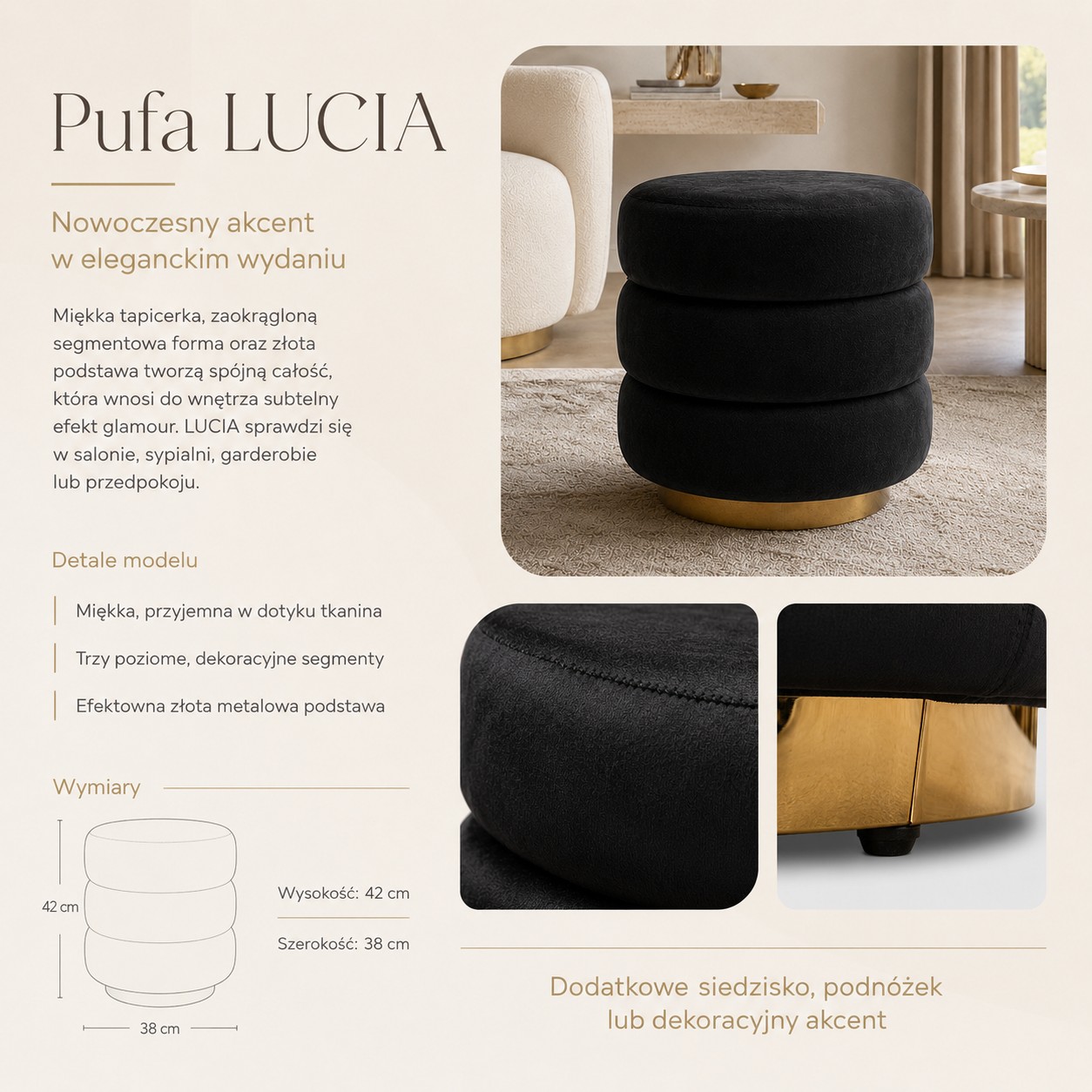 Pufa LUCIA glamour ze złotą podstawą