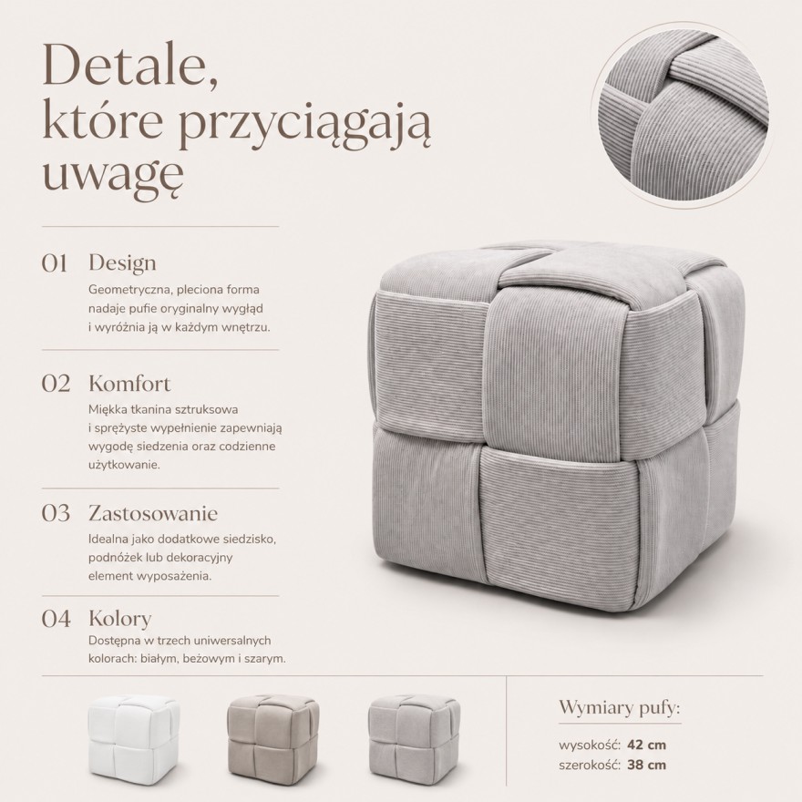 Pufa CUBETTO ze sztruksowej tkaniny z plecioną formą